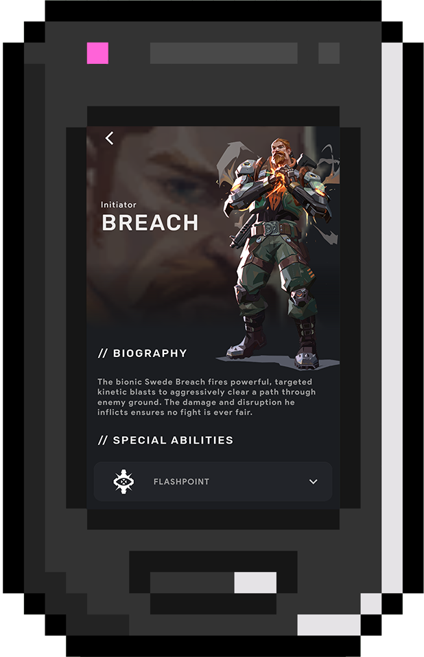 Imagem em pixel de um celular com o print do projeto mobile: Valorant Game Guide